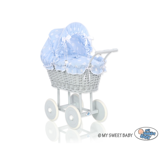 Gray Wicker Doll Pram Carriage Blue with Big White Dots