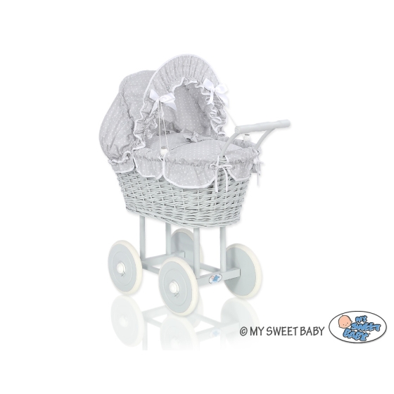 Gray Wicker Doll Pram Carriage Gray with White Dots Bedding Set