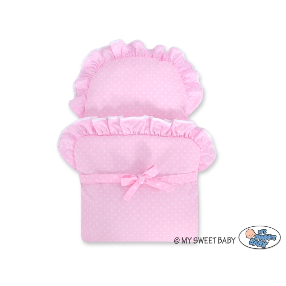 Gray Wicker Doll Pram Carriage Pink Bedding with White Dots