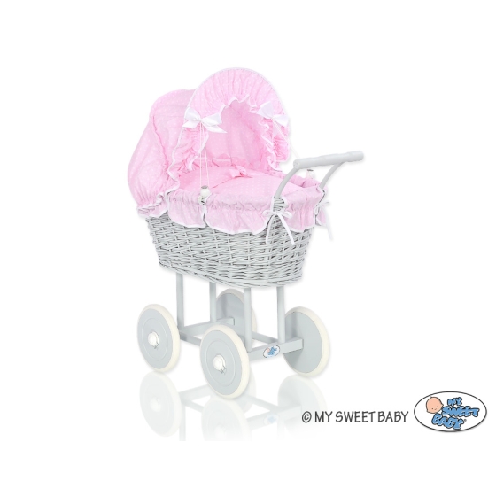 Gray Wicker Doll Pram Carriage Pink Bedding with White Dots