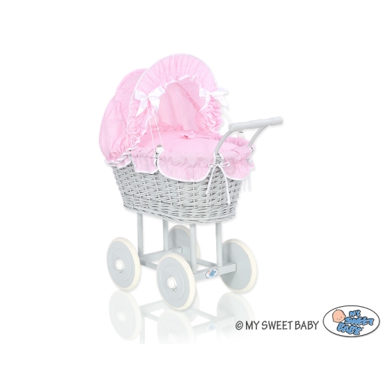 Gray Wicker Doll Pram Carriage Pink checkered Bedding