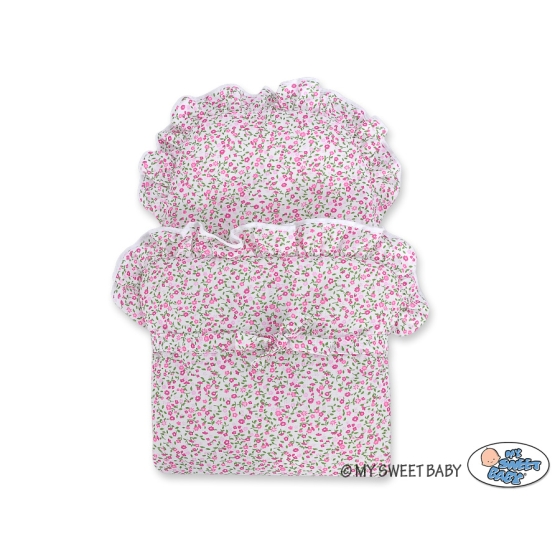 Gray Wicker Doll Pram Carriage Pink Flowers Bedding Set