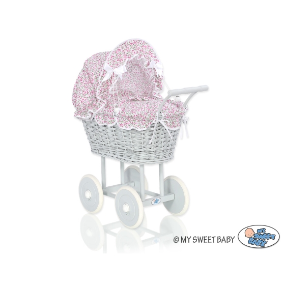 Gray Wicker Doll Pram Carriage Pink Flowers Bedding Set