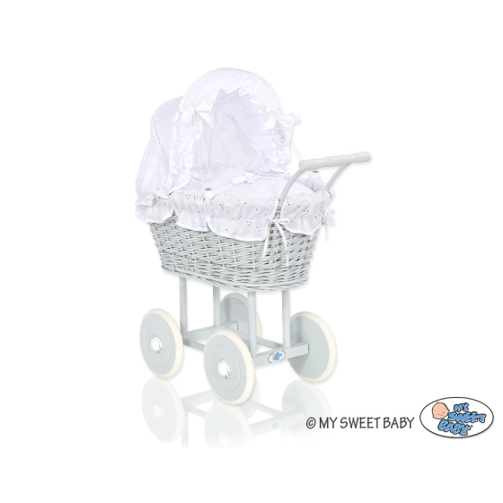 Gray Wicker Doll Pram Carriage White Bedding Set