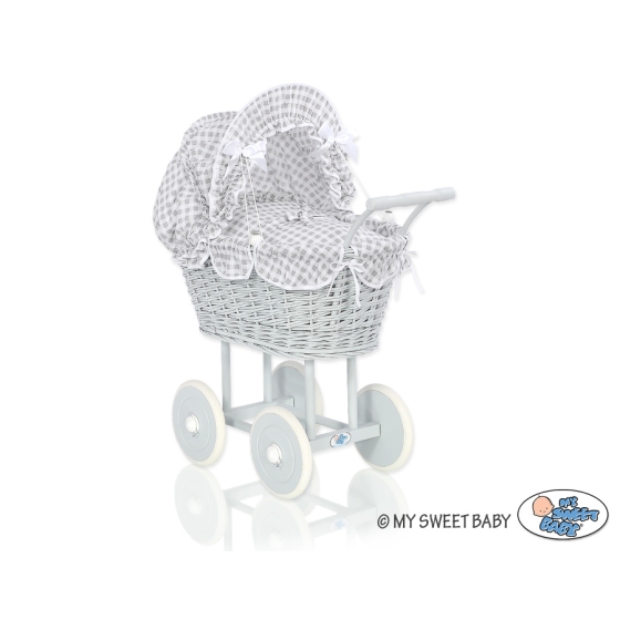 Gray Wicker Doll Pram Carriage White Gray Checkered