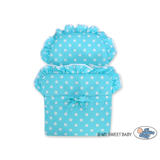 Handmade Doll Pram Carriage Natural Wicker and Wood Turquoise with White Dots Bedding Set