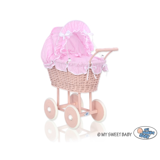 Handmade Doll Pram made of Powder Pink Wicker and Wood -530