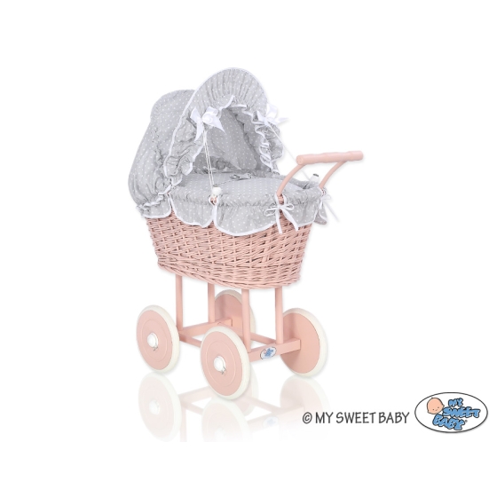 Handmade Doll Pram made of Powder Pink Wicker and Wood -535