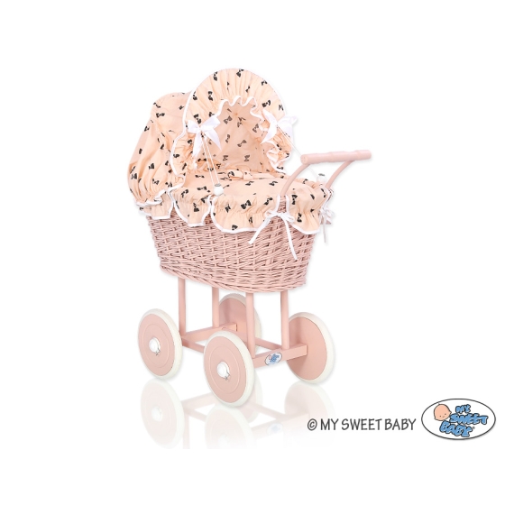 Handmade Doll Pram made of Powder Pink Wicker and Wood -762
