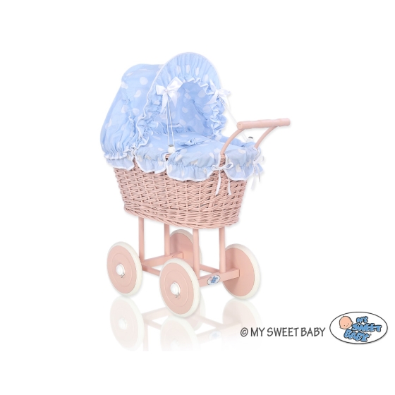 Handmade Doll Pram made of Powder Pink Wicker and Wood Blue with Big White Dots