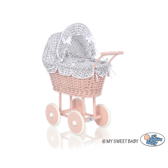 Handmade Doll Pram made of Powder Pink Wicker and Wood White Gray Checkered