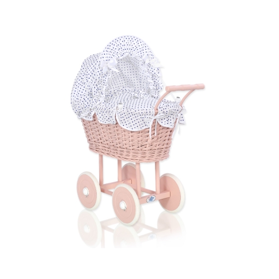 Handmade Doll Pram made of Powder Pink Wicker and Wood White with Navy Blue Dots Bedding Set