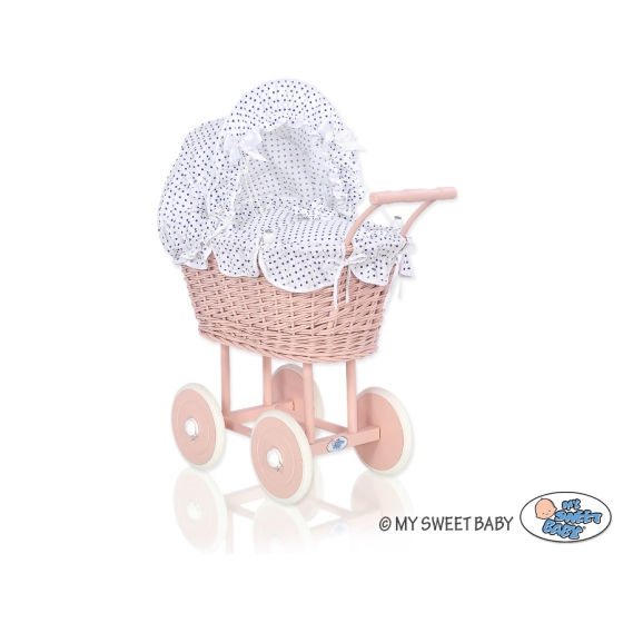 Handmade Doll Pram made of Powder Pink Wicker and Wood White with Navy Blue Dots Bedding Set
