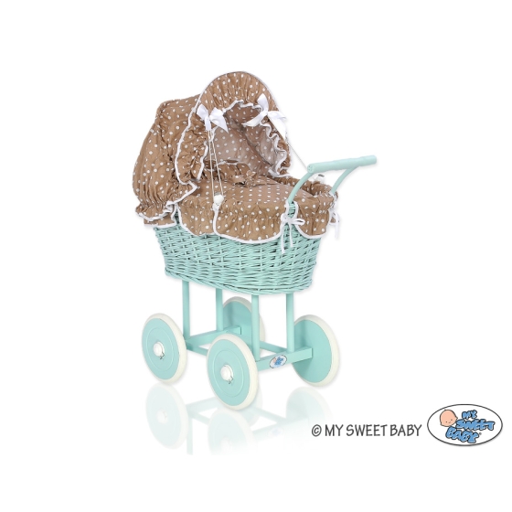 Handmade Doll Stroller made of Mint Wicker and Wood Bedding Set White Dots on Brown