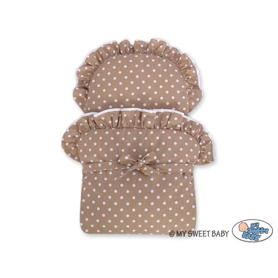 Handmade Doll Stroller made of Mint Wicker and Wood Bedding Set White Dots on Brown