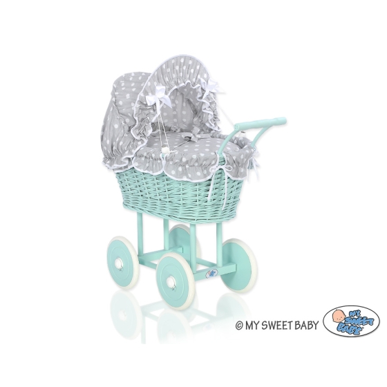 Handmade Doll Stroller made of Mint Wicker and Wood Bedding Set White Dots on Gray