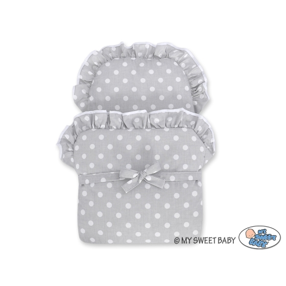 Handmade Doll Stroller made of Mint Wicker and Wood Bedding Set White Dots on Gray