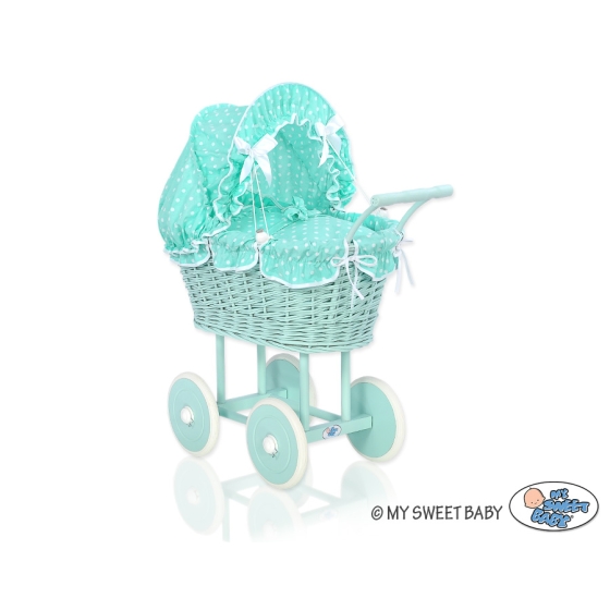 Handmade Doll Stroller made of Mint Wicker and Wood Bedding Set White Dots on Mint