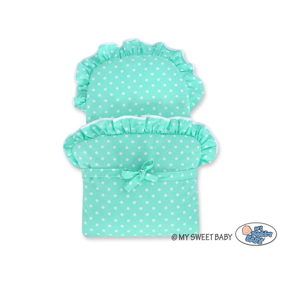 Handmade Doll Stroller made of Mint Wicker and Wood Bedding Set White Dots on Mint