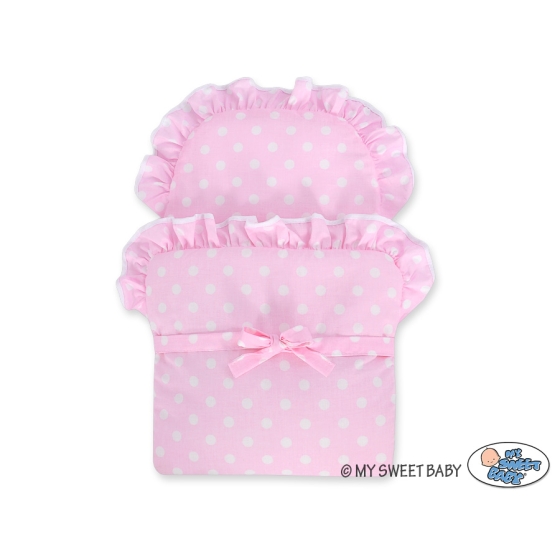 Handmade Doll Stroller made of Mint Wicker and Wood Bedding Set White Dots on Pink