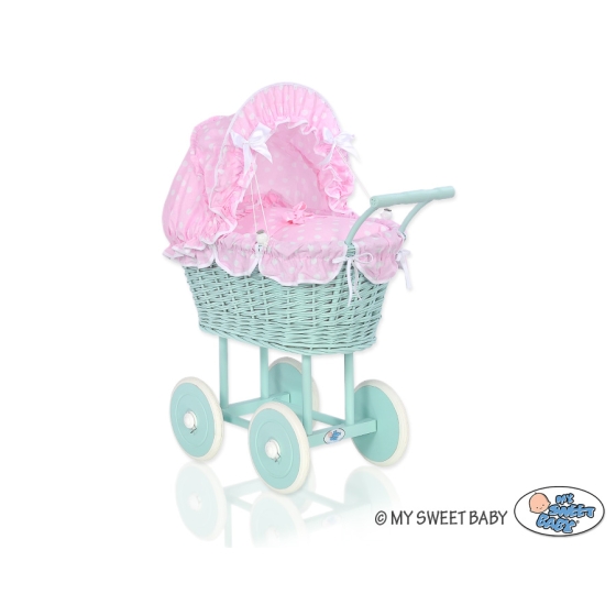 Handmade Doll Stroller made of Mint Wicker and Wood Bedding Set White Dots on Pink