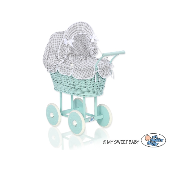 Handmade Doll Stroller made of Mint Wicker and Wood White Gray Checkered