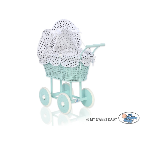 Handmade Doll Stroller made of Mint Wicker and Wood White with Black Dots Bedding Set