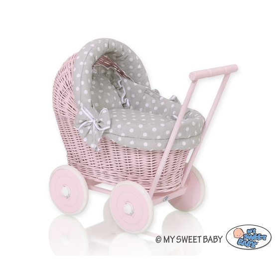 Handmade New Retro Pink Wicker Doll Pram Bedding Set White Dots on Gray