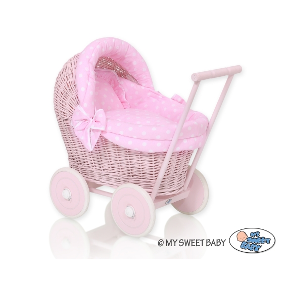 Handmade New Retro Pink Wicker Doll Pram  Bedding Set White Dots on Pink