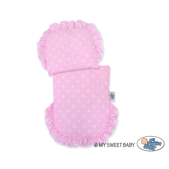 Handmade New Retro Pink Wicker Doll Pram  Bedding Set White Dots on Pink