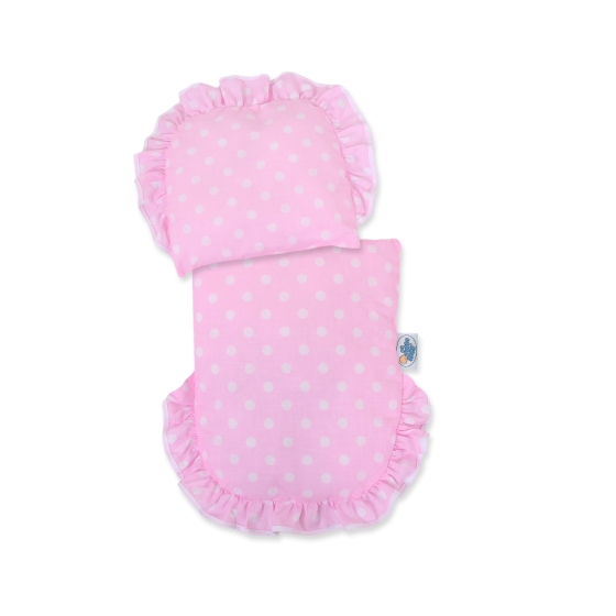 Handmade New Retro Pink Wicker Doll Pram  Bedding Set White Dots on Pink