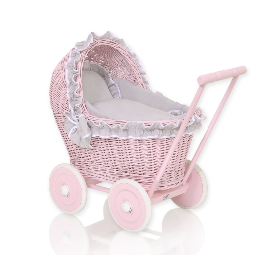 Handmade NewVintage Style Pink Wood and Wicker Doll Pram -523