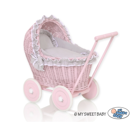 Handmade NewVintage Style Pink Wood and Wicker Doll Pram -523