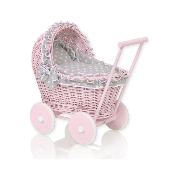 Handmade NewVintage Style Pink Wood and Wicker Doll Pram  Bedding Set White Dots on Gray