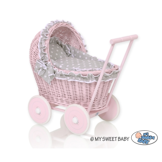 Handmade NewVintage Style Pink Wood and Wicker Doll Pram  Bedding Set White Dots on Gray