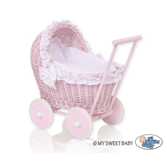 Handmade NewVintage Style Pink Wood and Wicker Doll Pram White Bedding Set