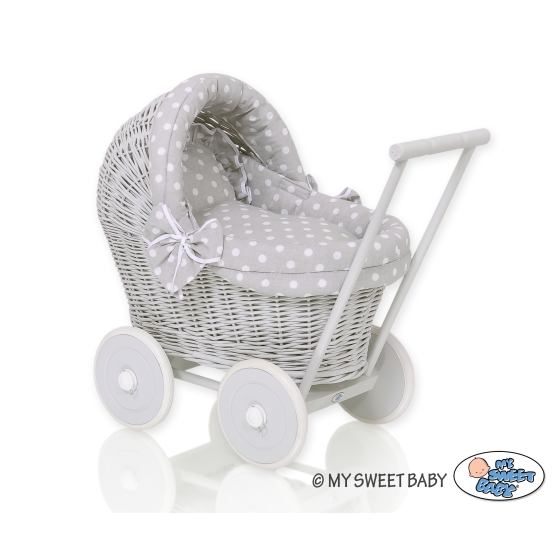 Handmade Retro Style Gray Wicker Doll Carriage Bedding Set White Dots on Gray