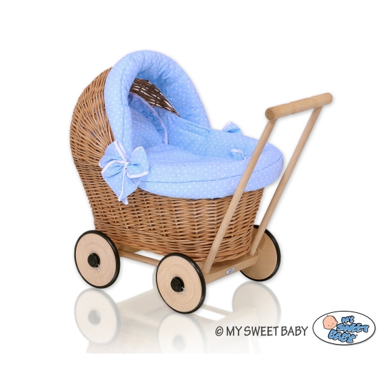 Handmade Retro Style Natural Wicker Stroller for Dolls Bedding Set White Dots on Blue