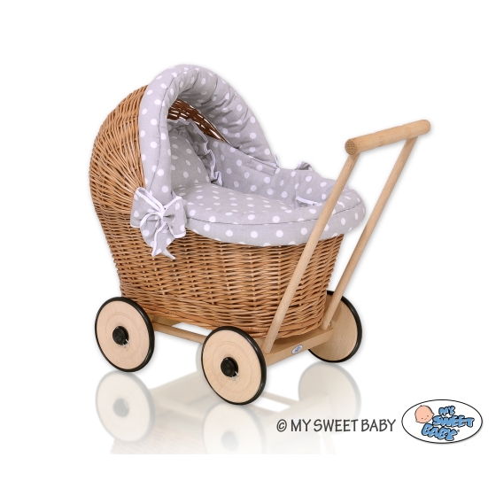 Handmade Retro Style Natural Wicker Stroller for Dolls  Bedding Set White Dots on Gray