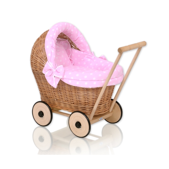 Handmade Retro Style Natural Wicker Stroller for Dolls  Bedding Set White Dots on Pink