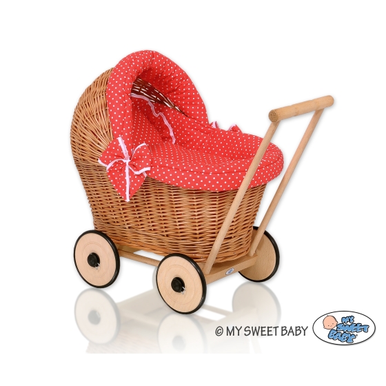 Handmade Retro Style Natural Wicker Stroller for Dolls Red with White Dots
