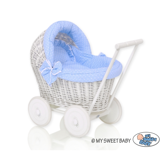 Handmade Retro Style White Wicker Doll Pram  Bedding Set White Dots on Blue