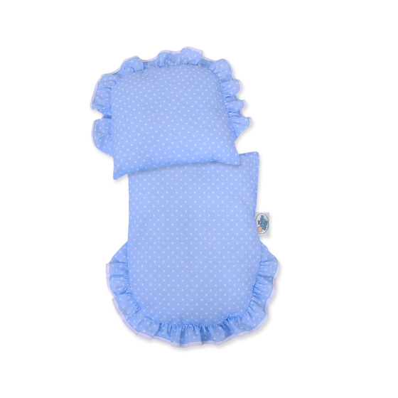 Handmade Retro Style White Wicker Doll Pram  Bedding Set White Dots on Blue