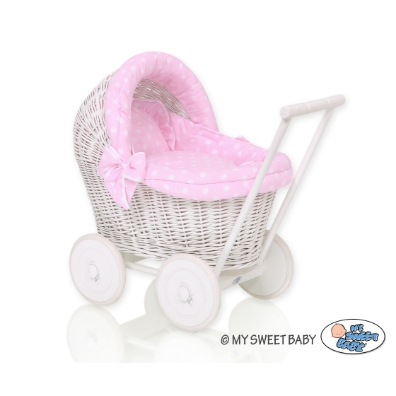 Handmade Retro Style White Wicker Doll Pram  Bedding Set White Dots on Pink