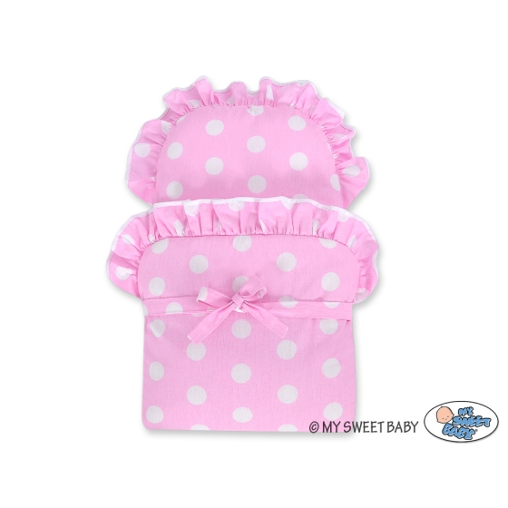 Handmade Stroller Doll Pram made of Natural Wicker and Wood Pink with Big White Dots Bedding Set