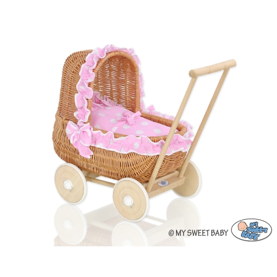 Handmade Stroller Doll Pram made of Natural Wicker and Wood Pink with Big White Dots Bedding Set