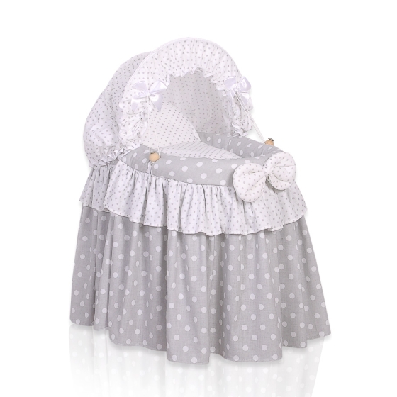 Handmade Wicker crib for doll with hood no. 2158Bedding Set White Dots on Gray