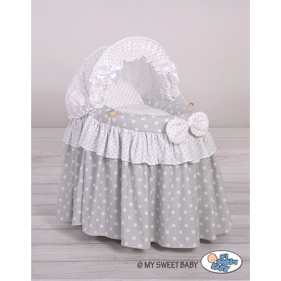 Handmade Wicker crib for doll with hood no. 2158Bedding Set White Dots on Gray