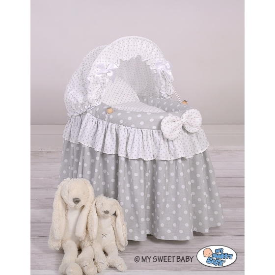 Handmade Wicker crib for doll with hood no. 2158Bedding Set White Dots on Gray