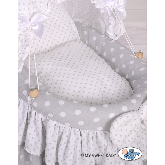 Handmade Wicker crib for doll with hood no. 2158Bedding Set White Dots on Gray